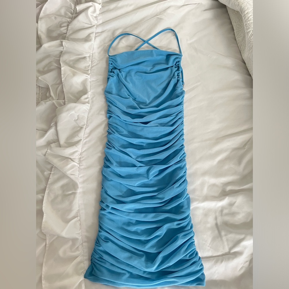Oh Polly No Angel Mini Blue Ruffled Dress. Cross Back, Ruched Mesh.
